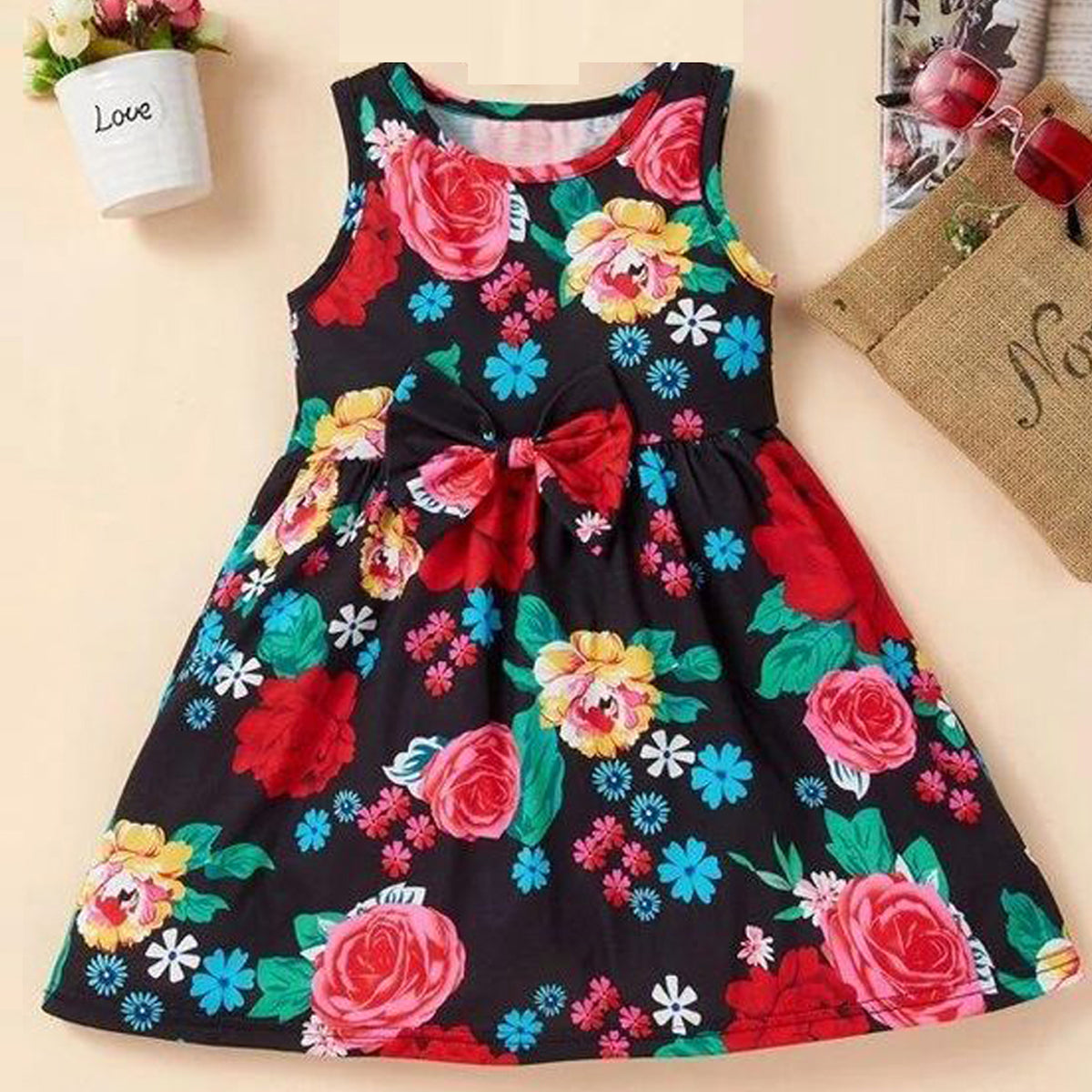 Girls Floral Print Rounnd Neck Sleeveless Casual Dress For Spring.