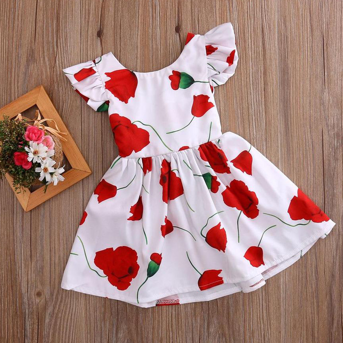 Baby Girl Floral Printed Dress in Red Rose For Girls.