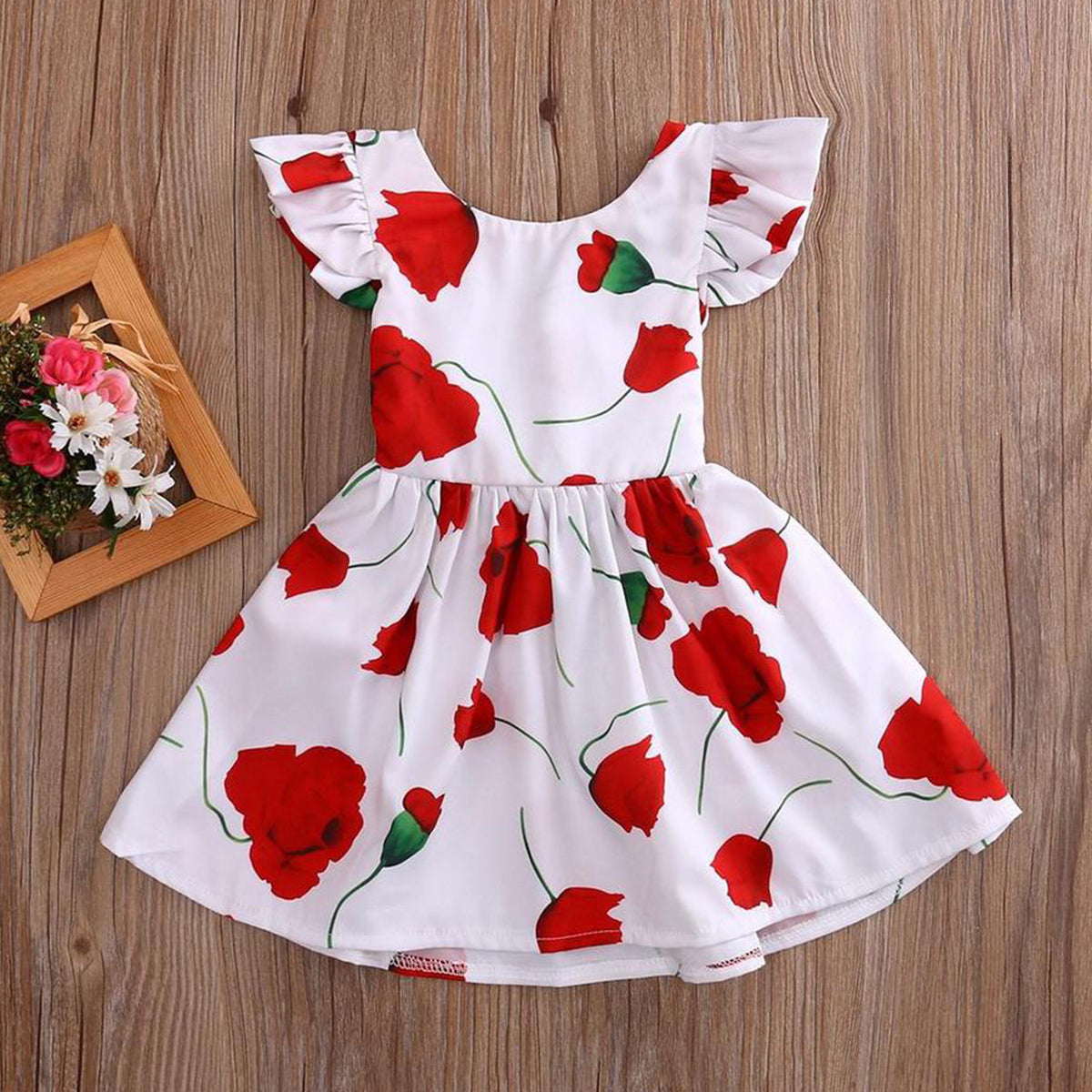 Baby Girl Floral Printed Dress in Red Rose For Girls.