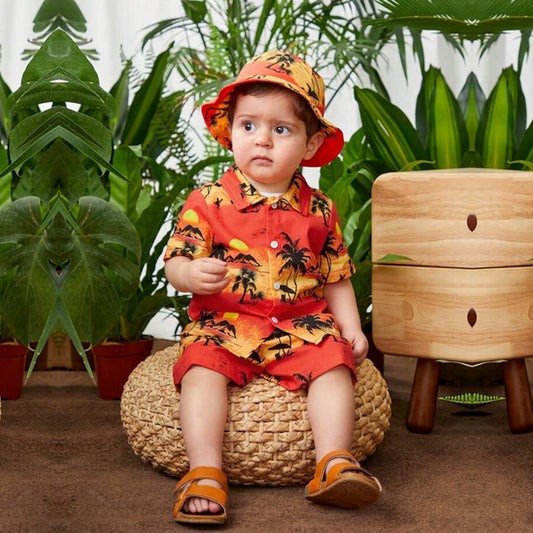 Venutaloza Stylish Kid's Tropical Tree Print Shirt & Shorts Without Cap & Tee Two Piece Set.