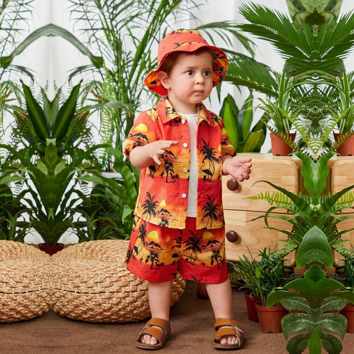 Venutaloza Stylish Kid's Tropical Tree Print Shirt & Shorts Without Cap & Tee Two Piece Set.