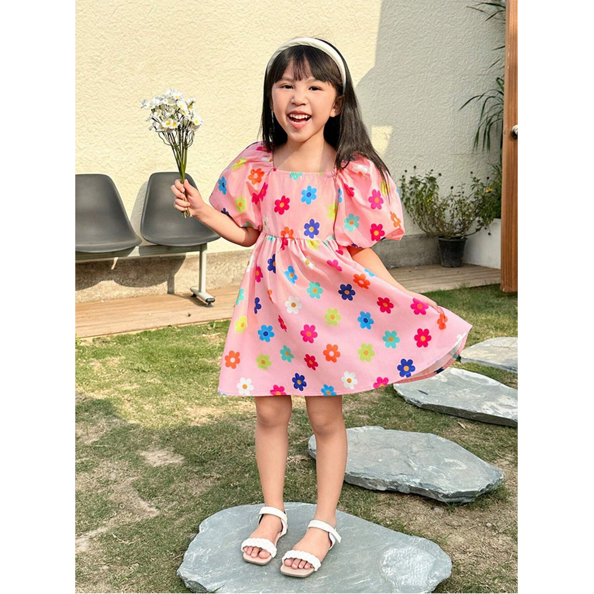 Cute Girl Floral Print Square Neck Puff Sleeve Casual Dress For Spring.