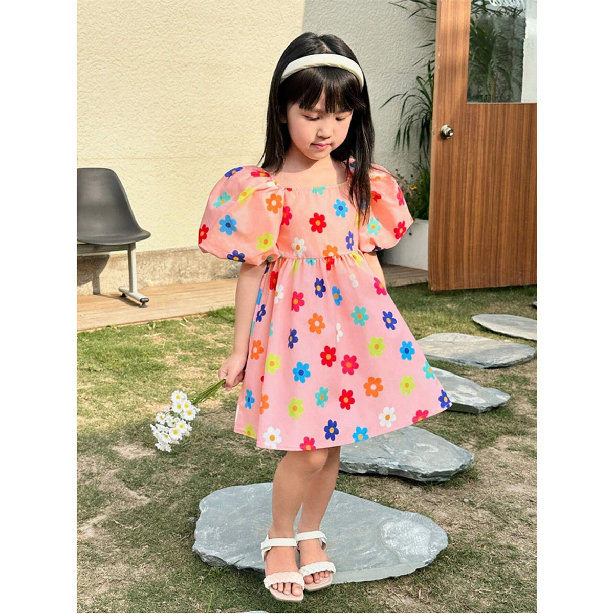 Cute Girl Floral Print Square Neck Puff Sleeve Casual Dress For Spring.