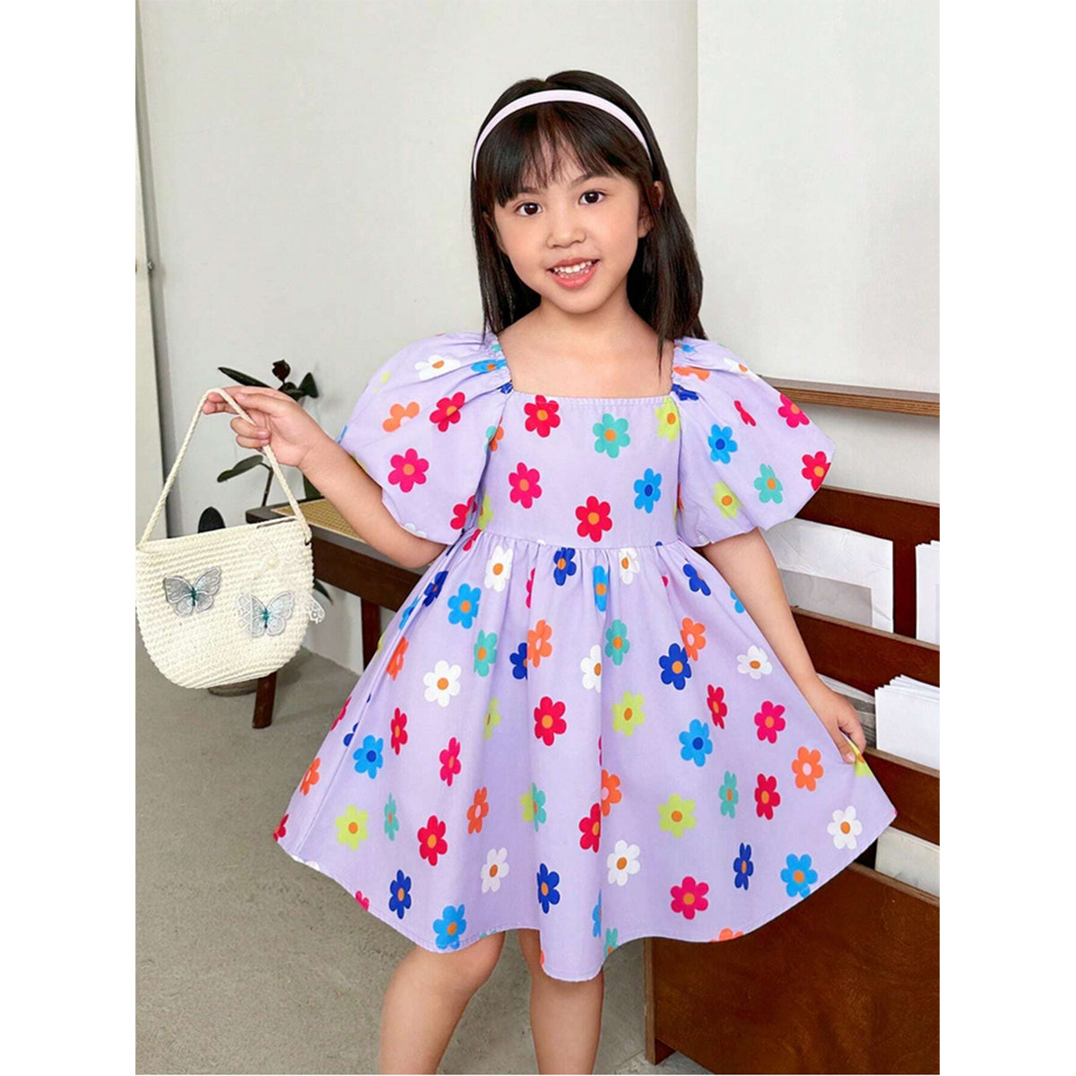 Baby Girl Woven Floral Print Square Collar Balloon Short Sleeve Dresses_Frocks For Girl.