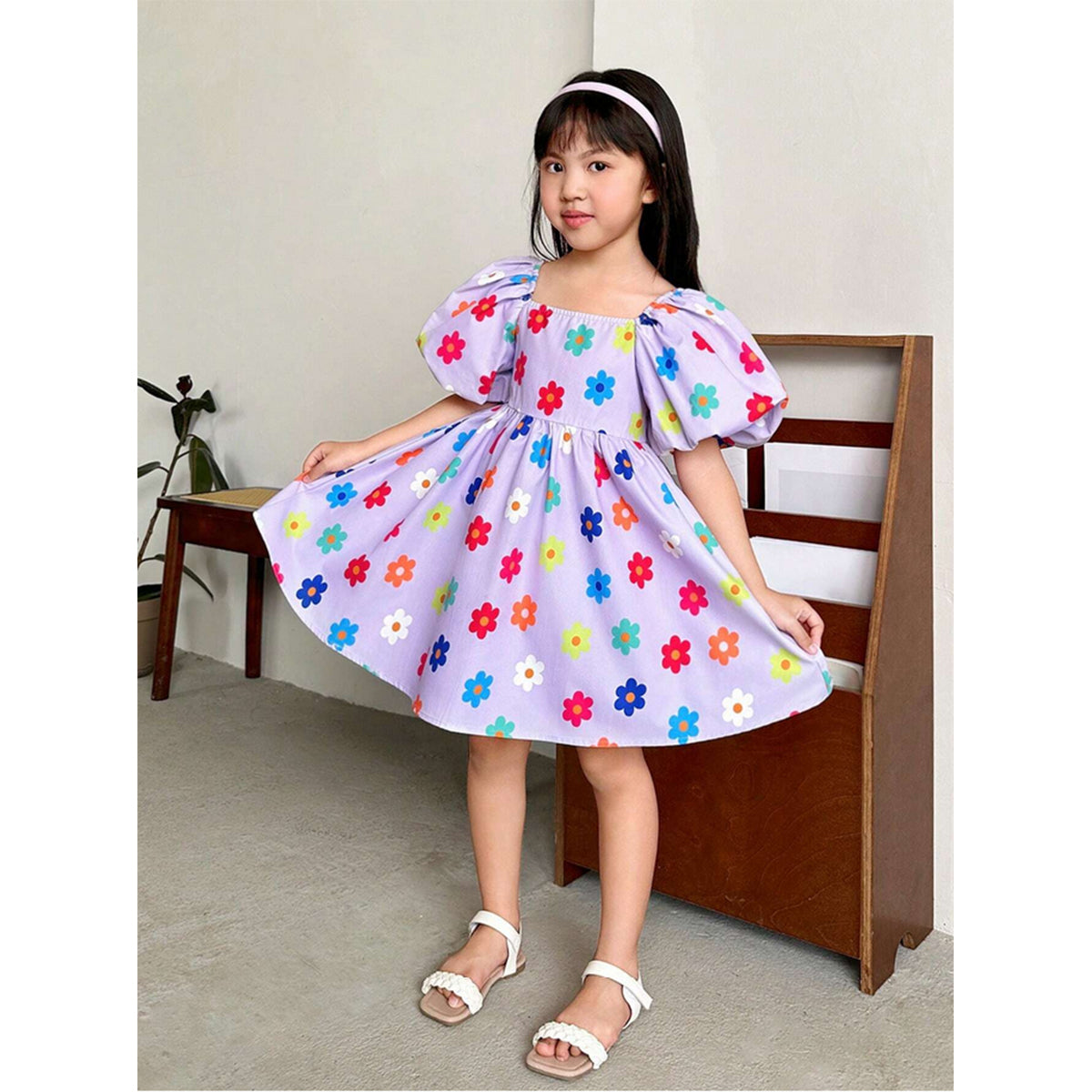 Baby Girl Woven Floral Print Square Collar Balloon Short Sleeve Dresses_Frocks For Girl.