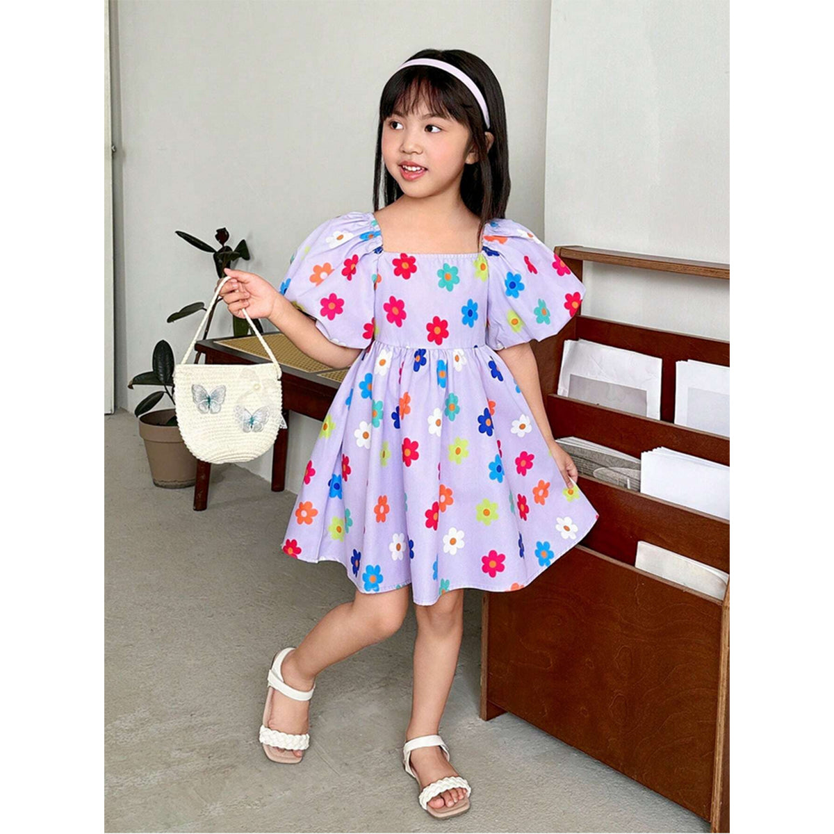 Baby Girl Woven Floral Print Square Collar Balloon Short Sleeve Dresses_Frocks For Girl.