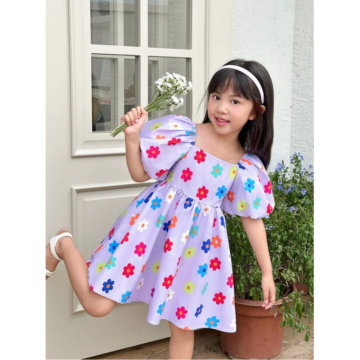 Baby Girl Woven Floral Print Square Collar Balloon Short Sleeve Dresses_Frocks For Girl.