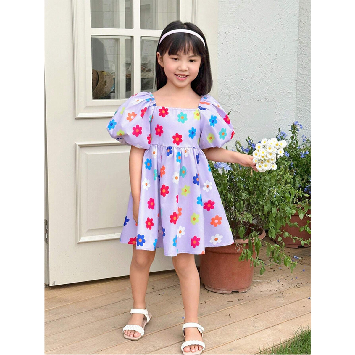 Baby Girl Woven Floral Print Square Collar Balloon Short Sleeve Dresses_Frocks For Girl.