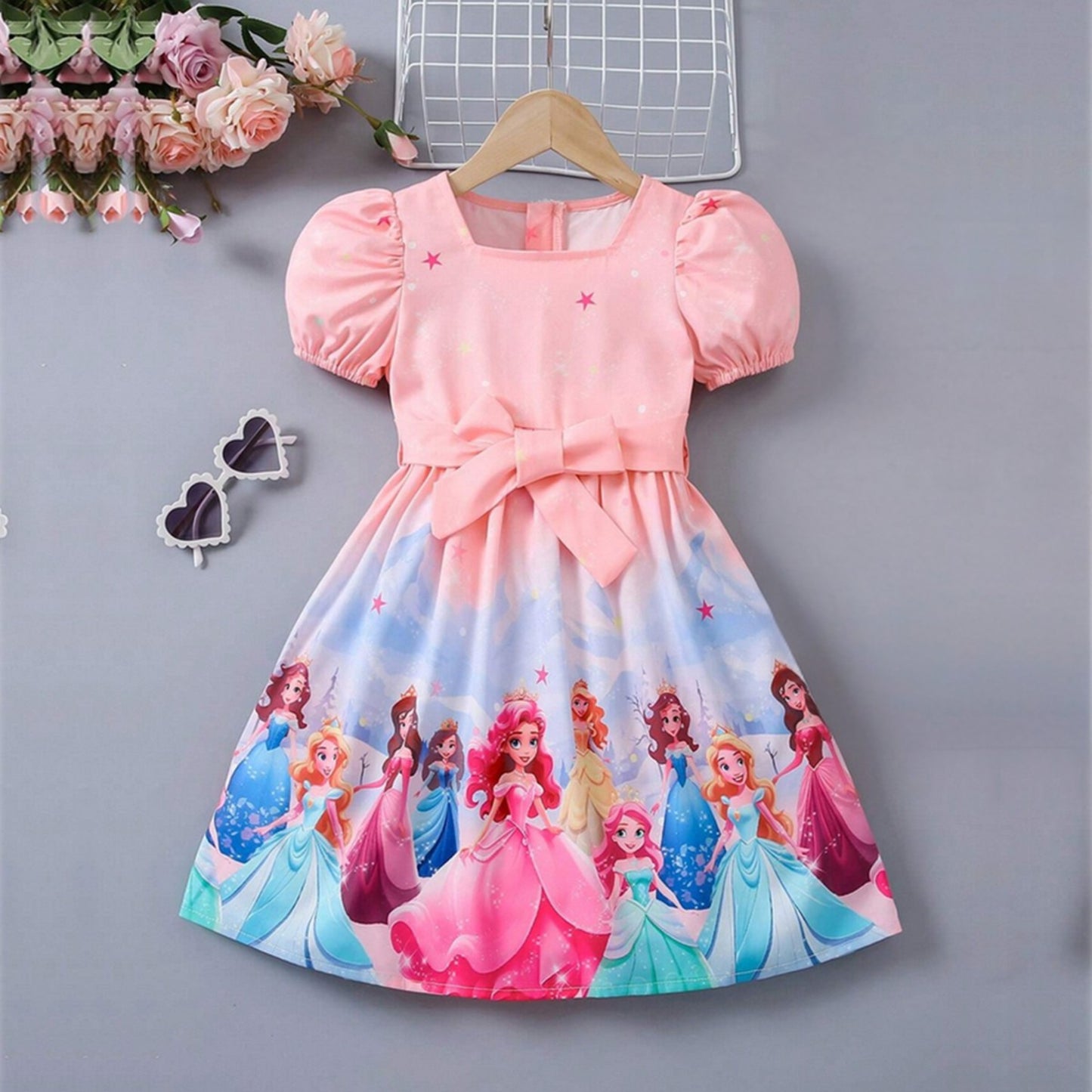 Baby Princess Printed Puff Sleeve Dress With Bowknot Decoration For Girls.