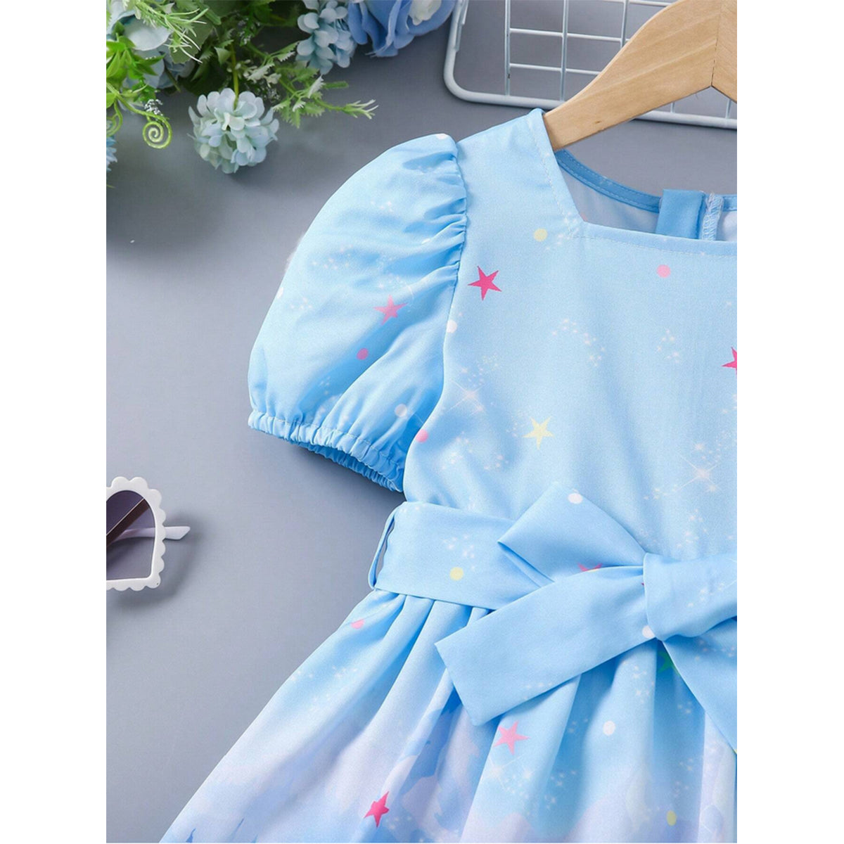 Baby Girl's Printed Puff Sleeve Dress With Bowknot Decoration For Girls.