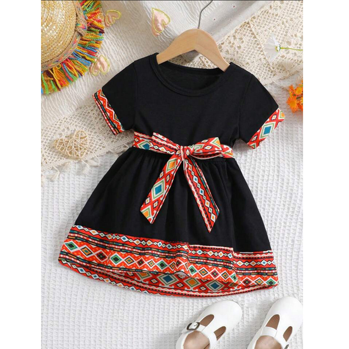 New Fashion Digitally Printed Bohemian Style Casual Mini Dress With Short Sleeves For Baby Girls,