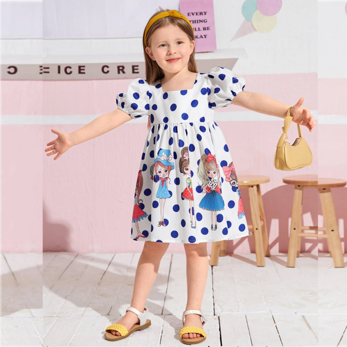 Venutaloza Young Girl & Polka Dot Deginer Print Puff Sleeve Dress For Girl's.