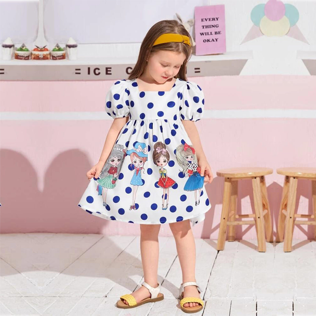 Venutaloza Young Girl & Polka Dot Deginer Print Puff Sleeve Dress For Girl's.