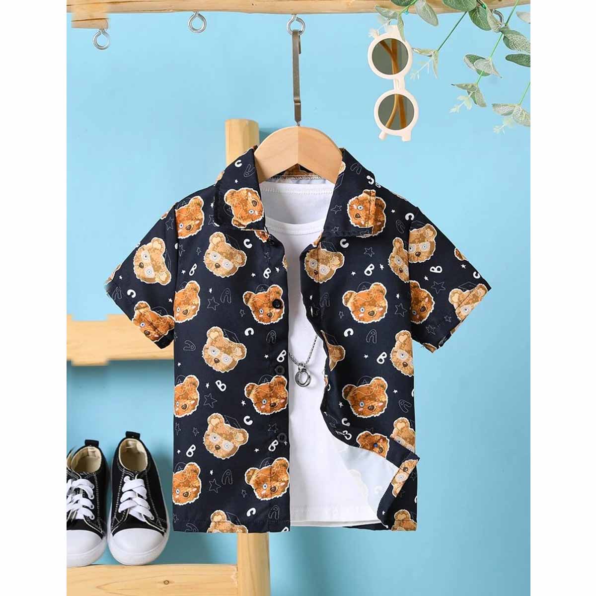 Venutaloza Bear Designer Print Button Front Shirt For Boys.
