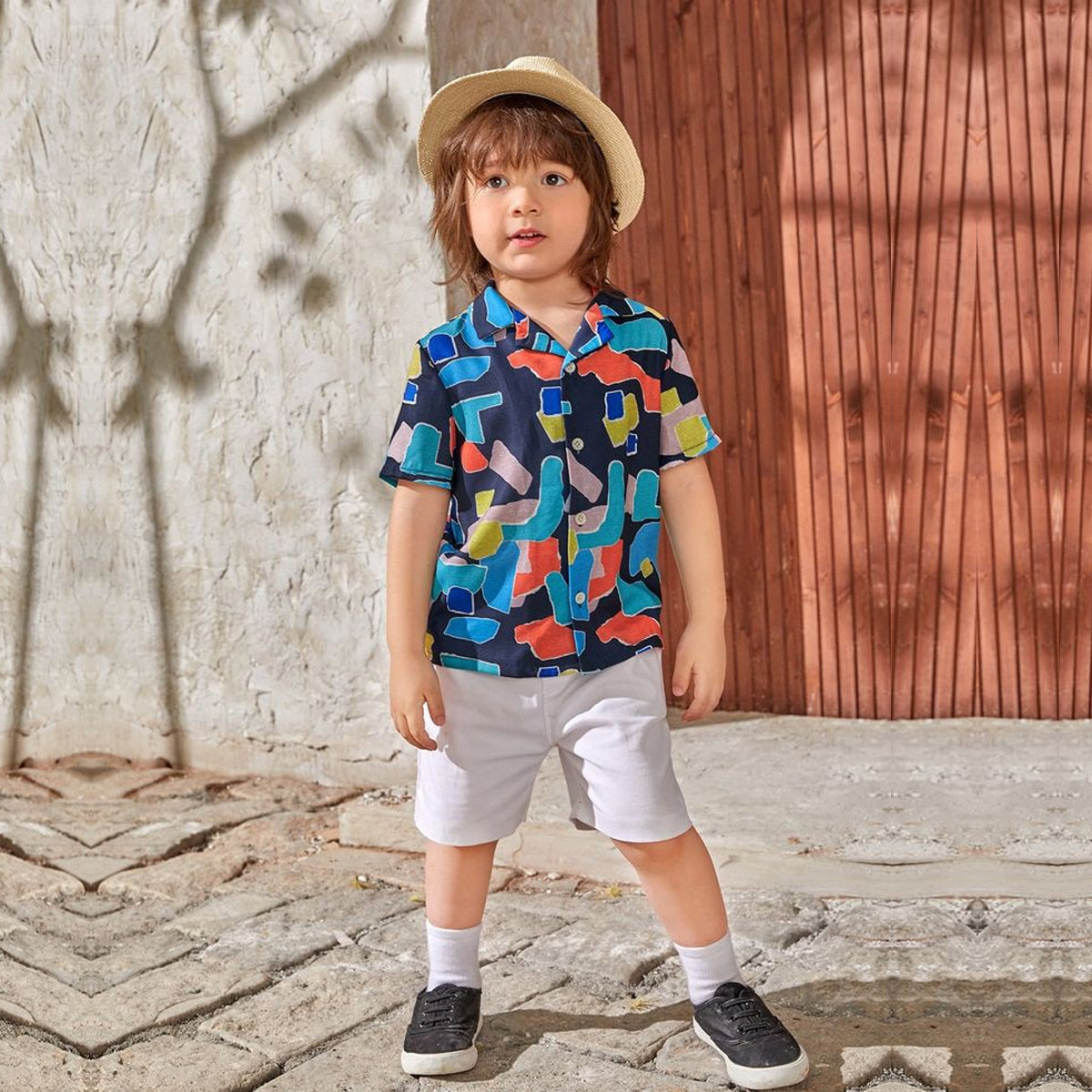 Venutaloza Boy's Abstract Border Print Short Sleeve Shirt For Boy.