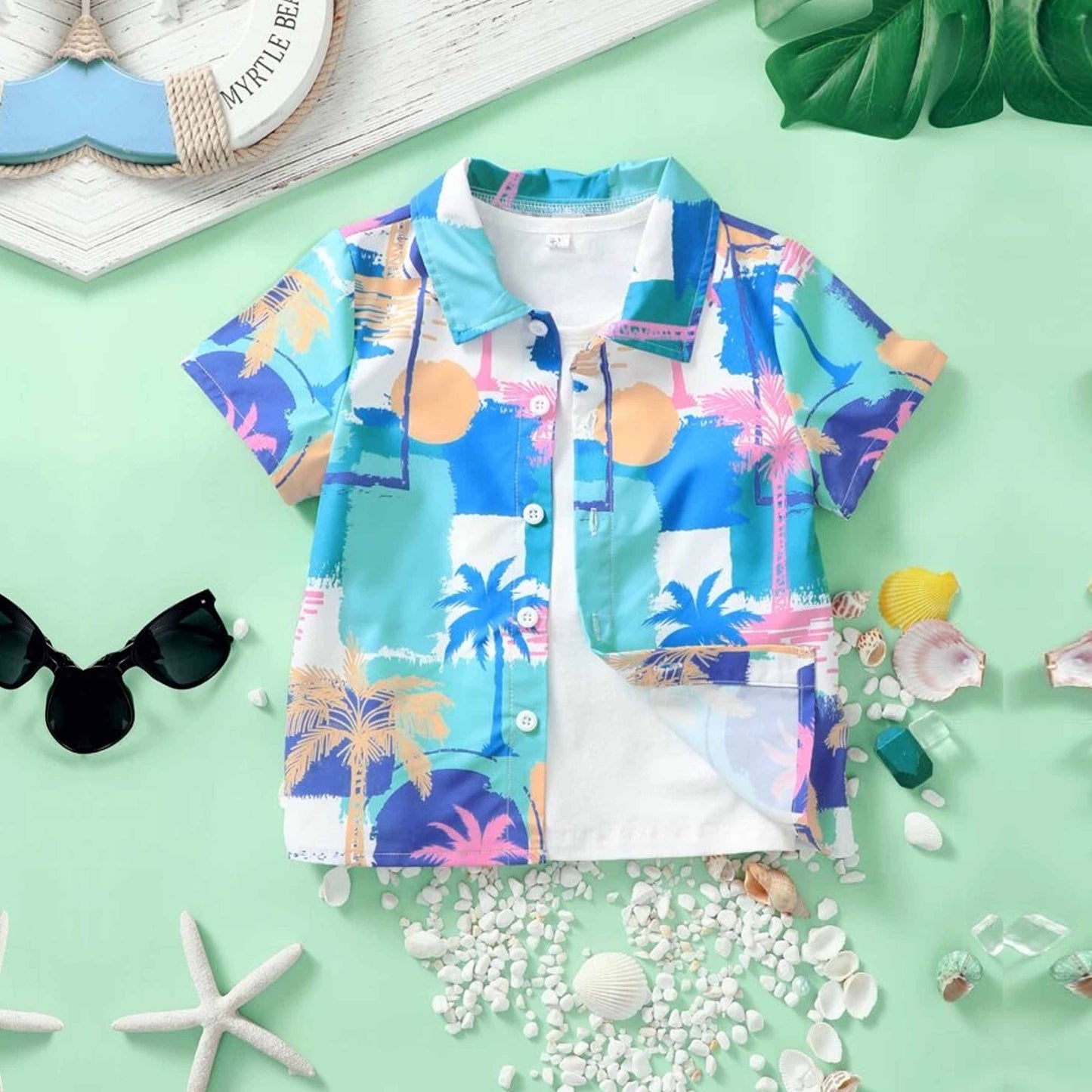 Venutaloza Plam Tree Designer Print Button Front Shirt For Boy.