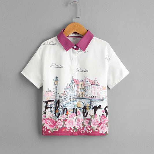 Venutaloza Kids City Flowers Border Print Short Sleeve Shirt For Boy.