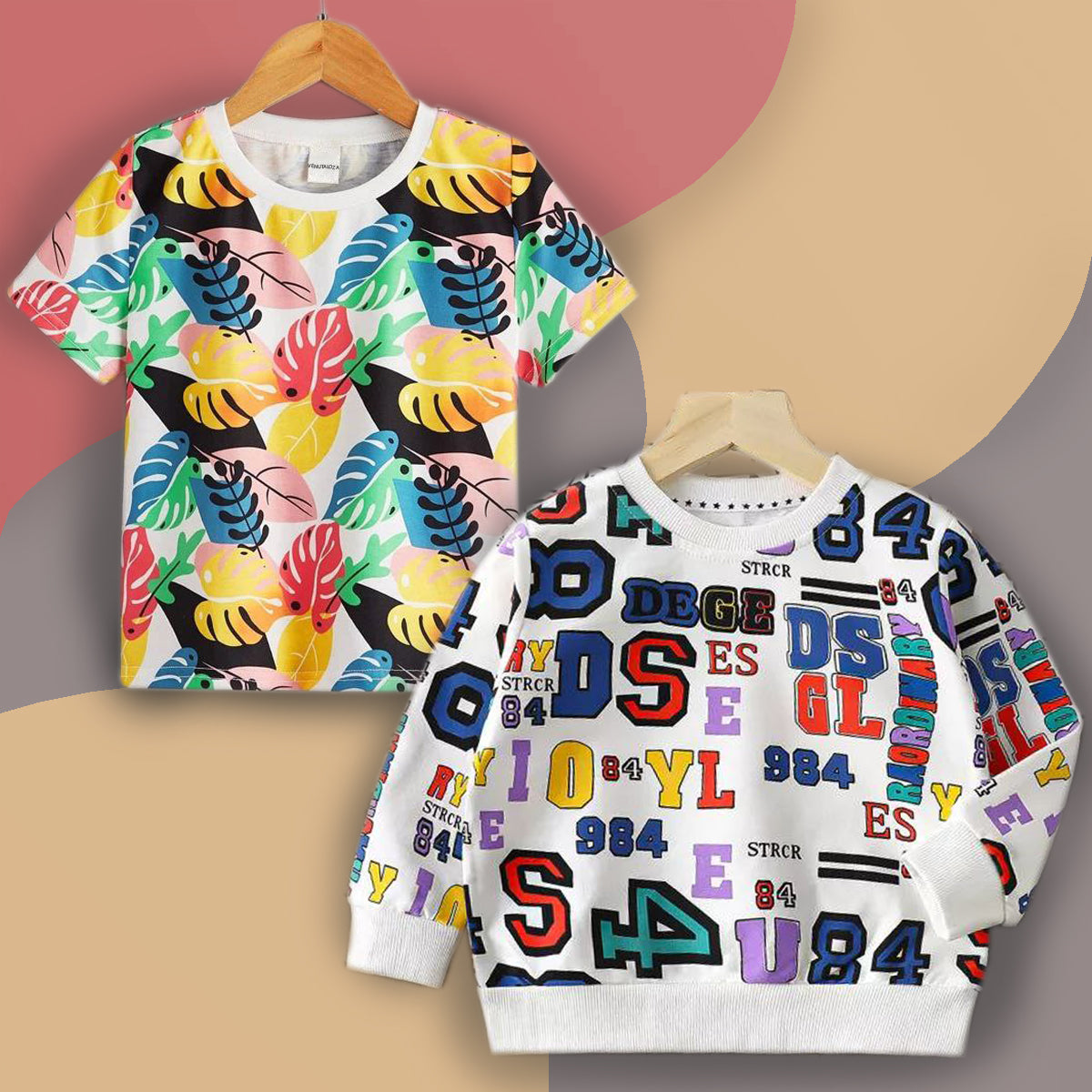 VENUTALOZA Tropical Print & Letters Print Neck Color Block Full Sleeve (Combo Pack of 2) T-shirt For Boys & Girls..
