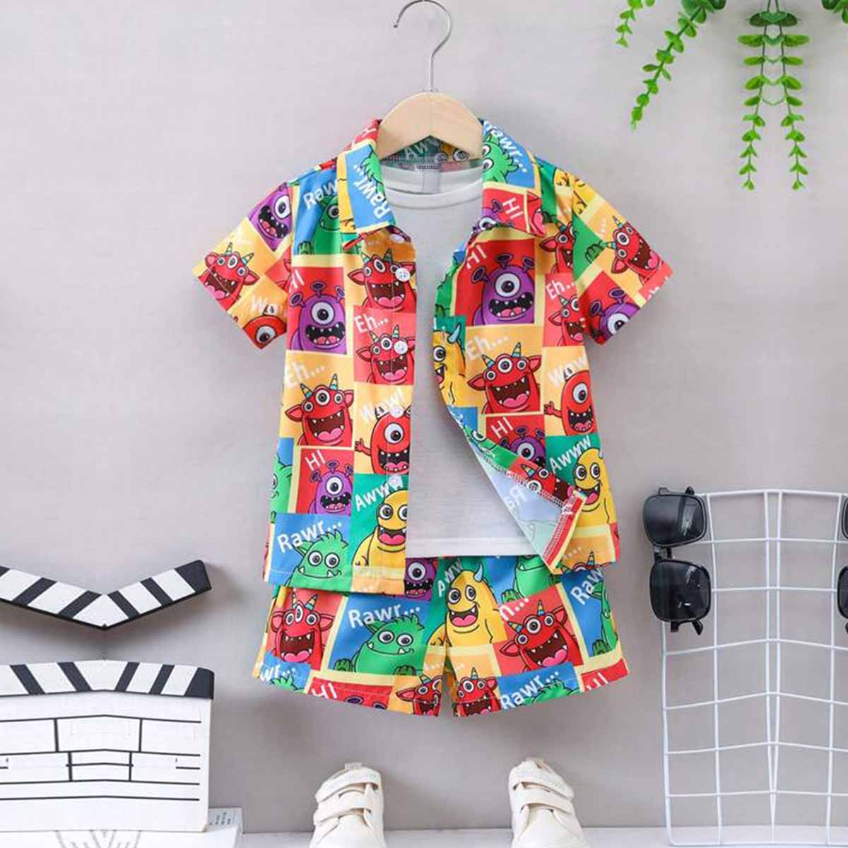 Venutaloza Kids Cartoon Graphic Casual Shirt & Shorts Without tee Two Piece Set.