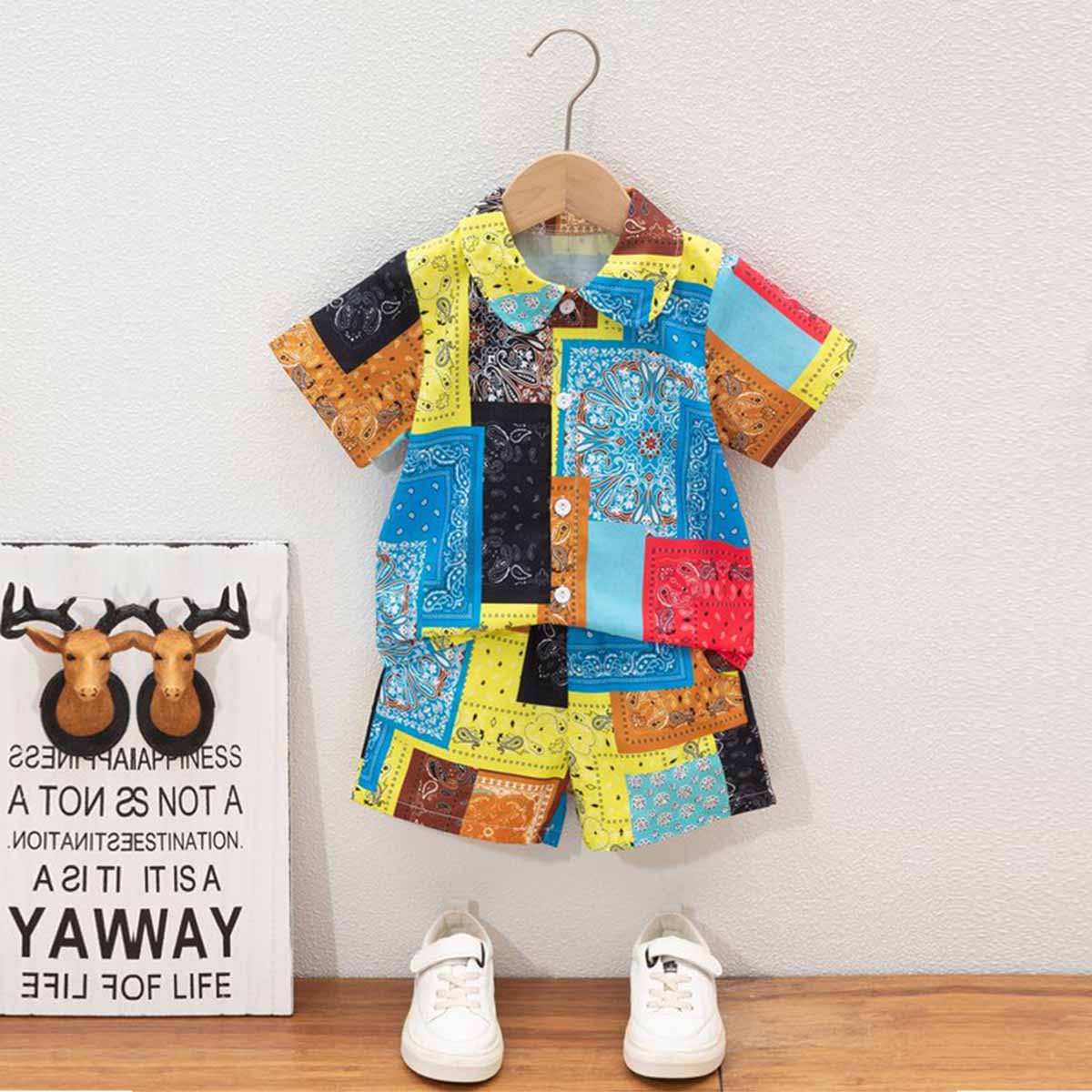 Venutaloza Toddler Boys Sunshine Patchwork Shirt & Shorts Without tee Two Piece Set.