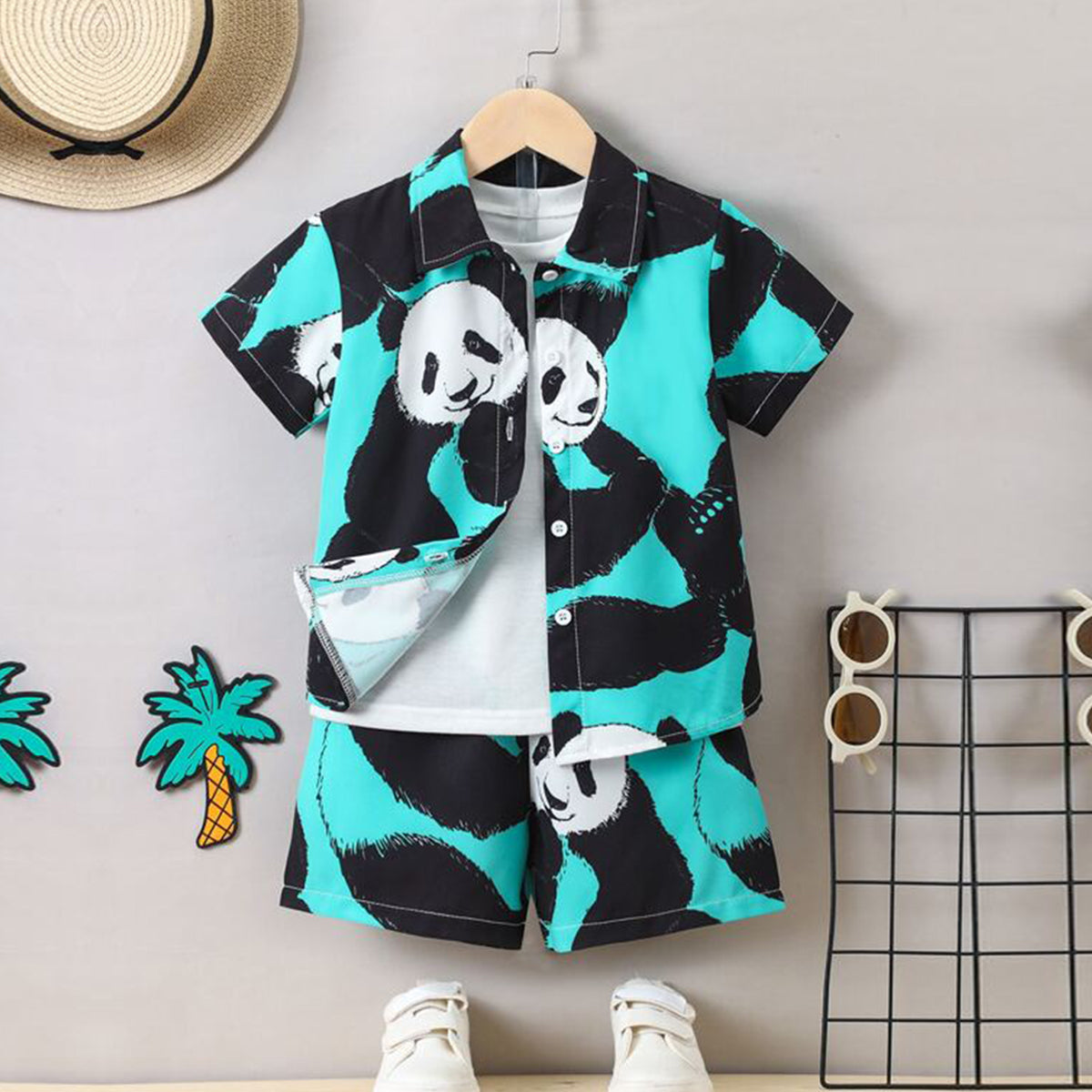 Venutaloza Kids Cartoon Panda Print Turn Down Collar Shirt & Shorts Without tee Two Piece Set.