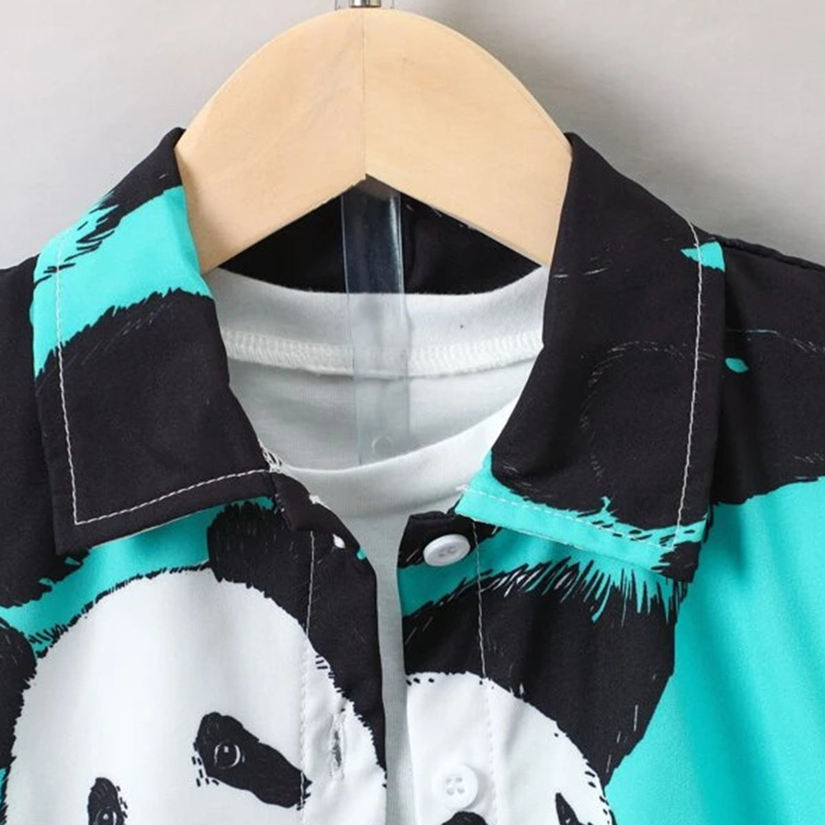 Venutaloza Kids Cartoon Panda Print Turn Down Collar Shirt & Shorts Without tee Two Piece Set.