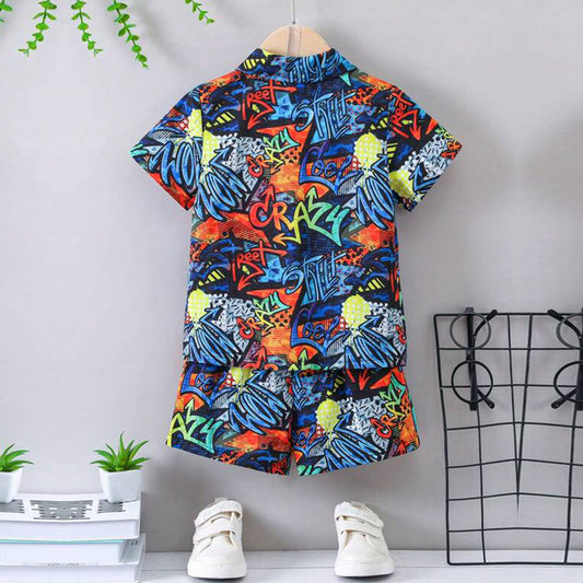 Venutaloza Toddler Boys Letters Graphic Allover Shirt & Shorts Without tee Two Piece Set.