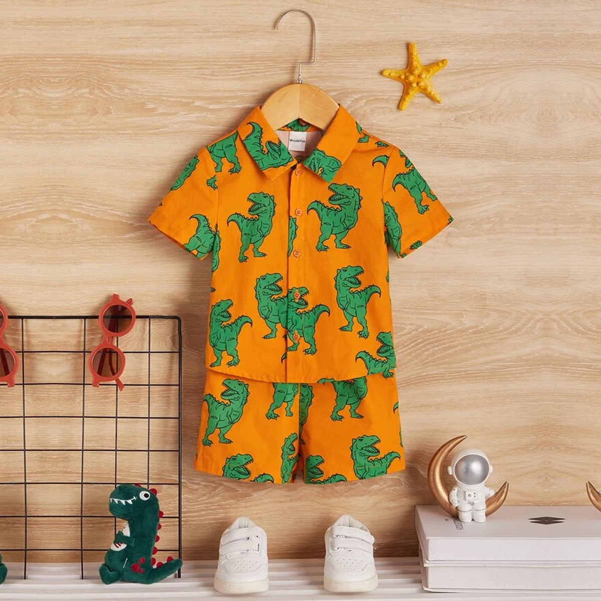 Venutaloza Toddler Boys Dinosaur Casual Printed Shirt & Shorts Without tee Two Piece Set.
