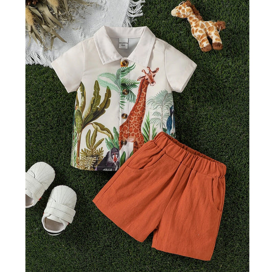 Venutaloza Baby Boy Palm Tree & Animal Printed Short Sleeve Shirt And Shorts Two Piece Set.