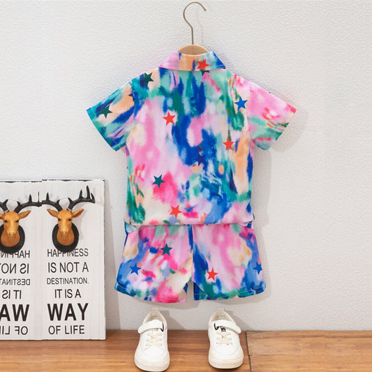 Venutaloza Kids Tie Dye Stars Printed Short Sleeve Shirt And Shorts Without tee Two Piece Set.
