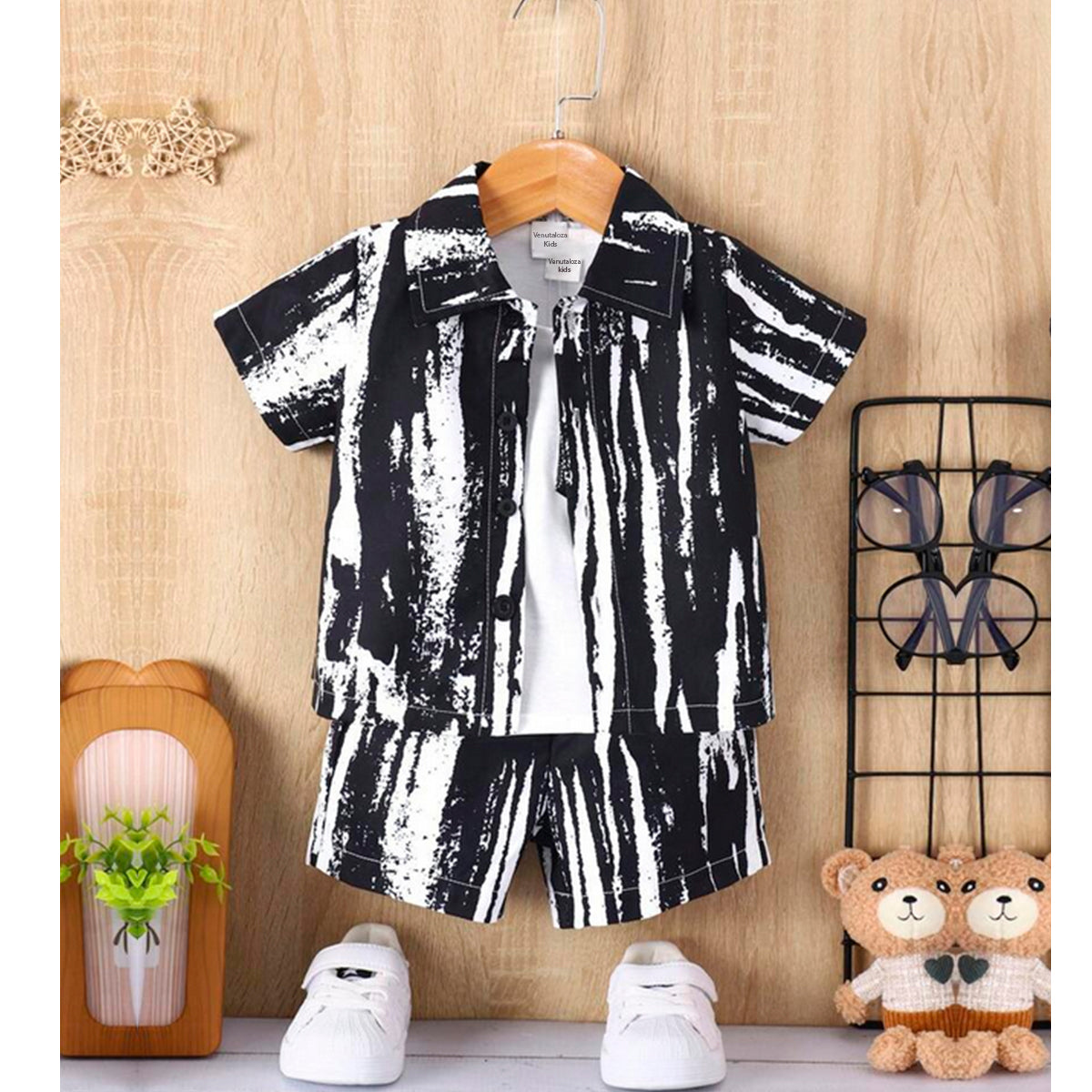 Venutaloza Kids Black Brush Print Shirt & Pocket Shorts Without tee Two Piece Set.