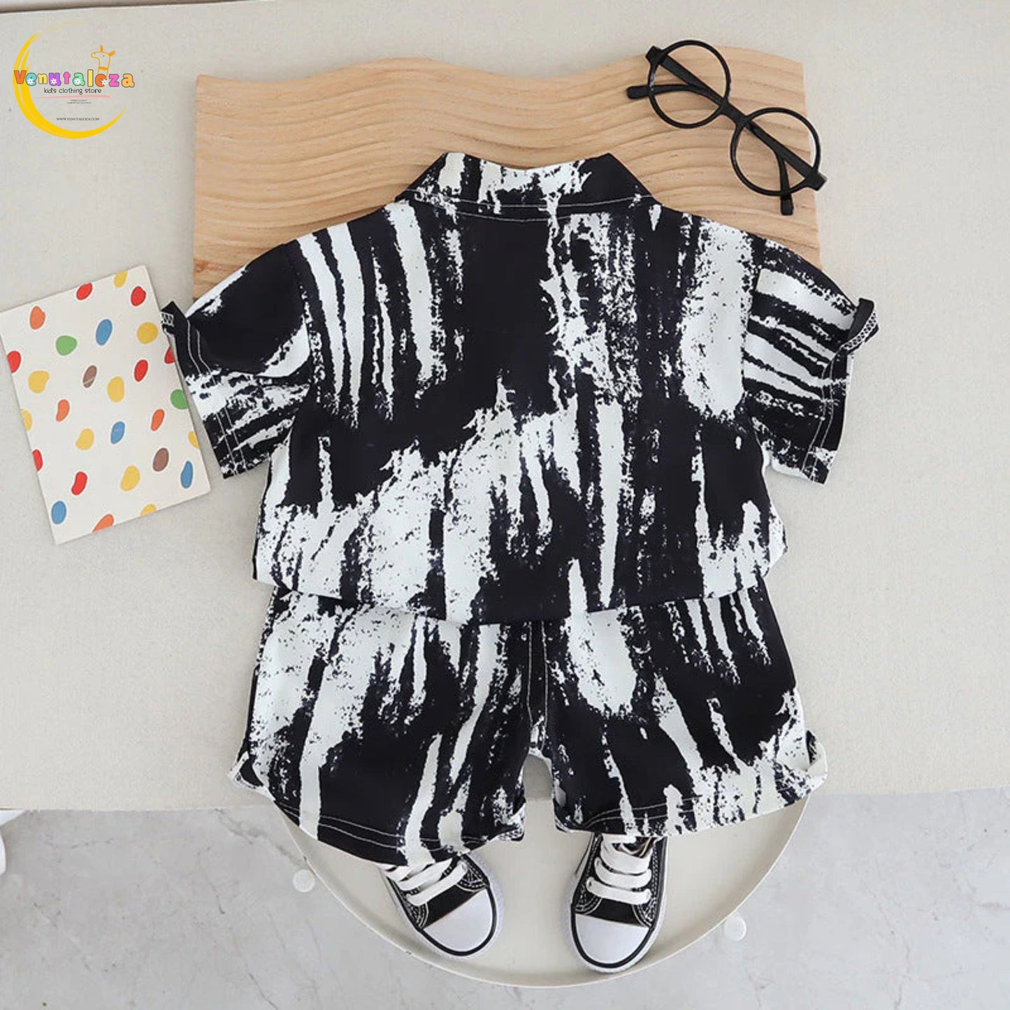 Venutaloza Baby Boy Brush Print Short Sleeve Shirt And Shorts Two Piece Set.