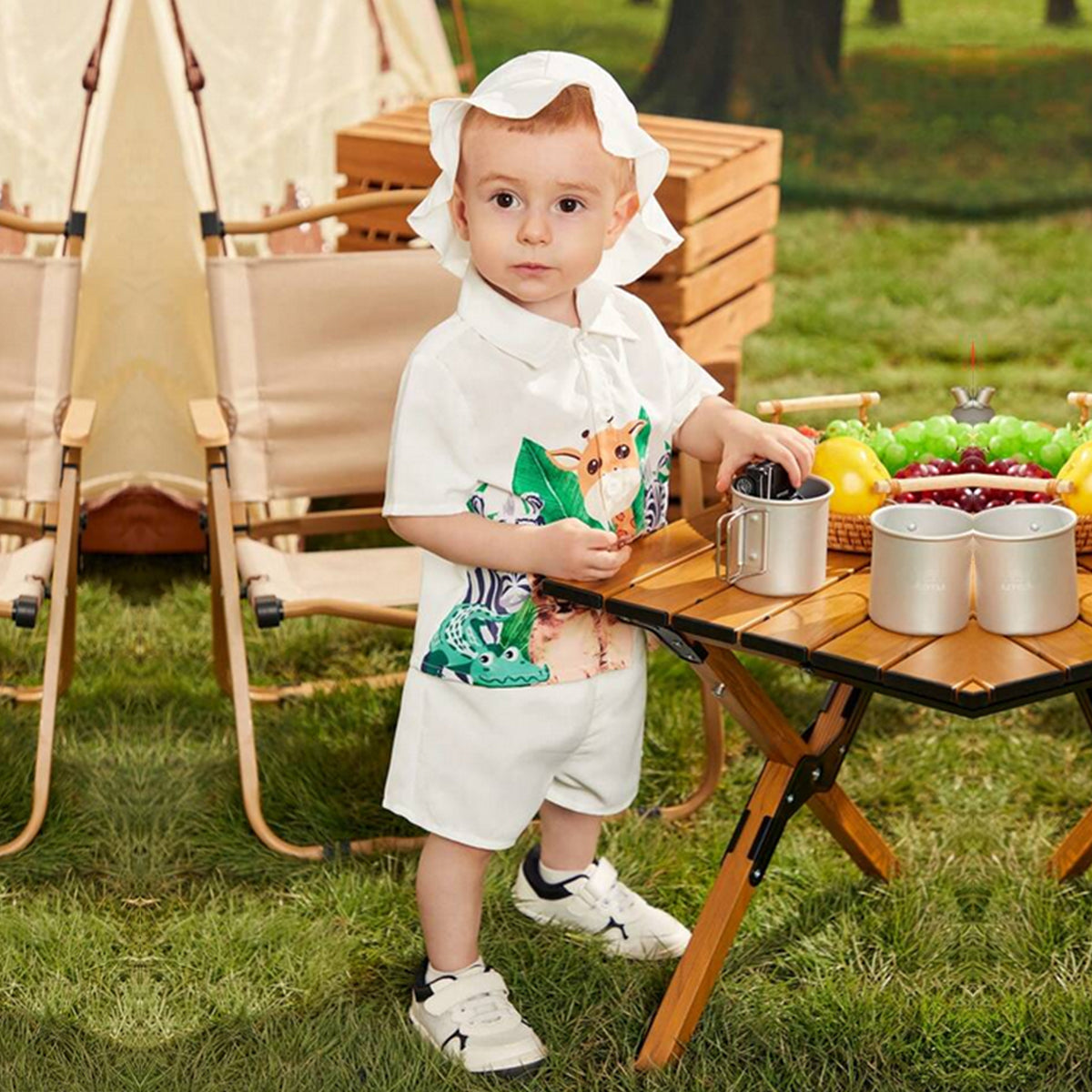 Venutaloza Baby Boy Animal Cartoon Graphic Short Sleeve Shirt And Shorts Two Piece Set.