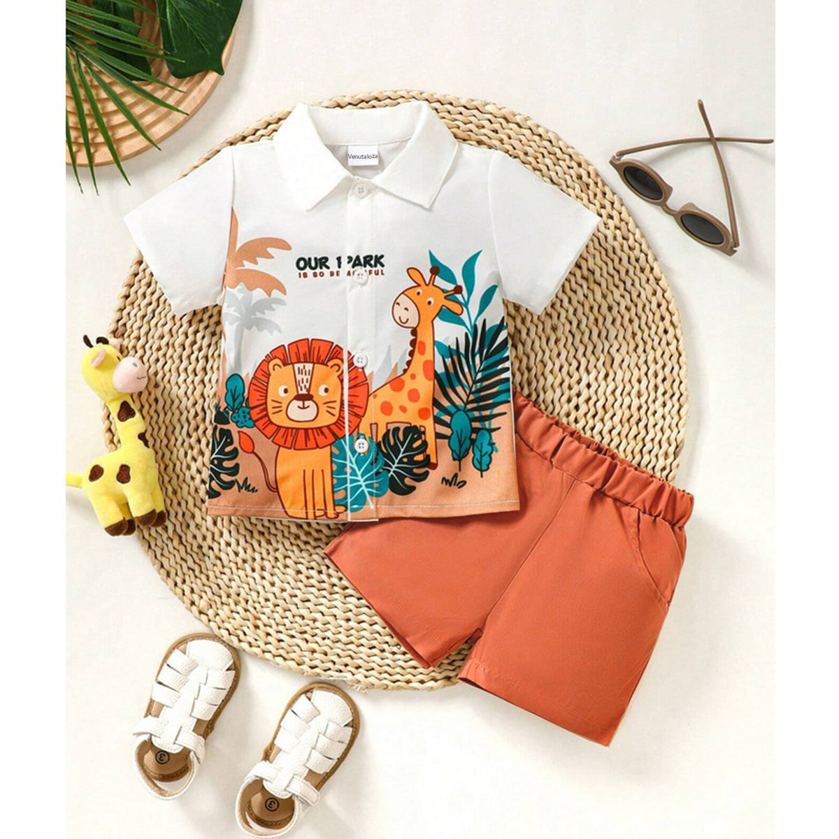 Venutaloza Boys Cartoon Jungle Theme Short Sleeve Shirt And Shorts Two Piece Set.