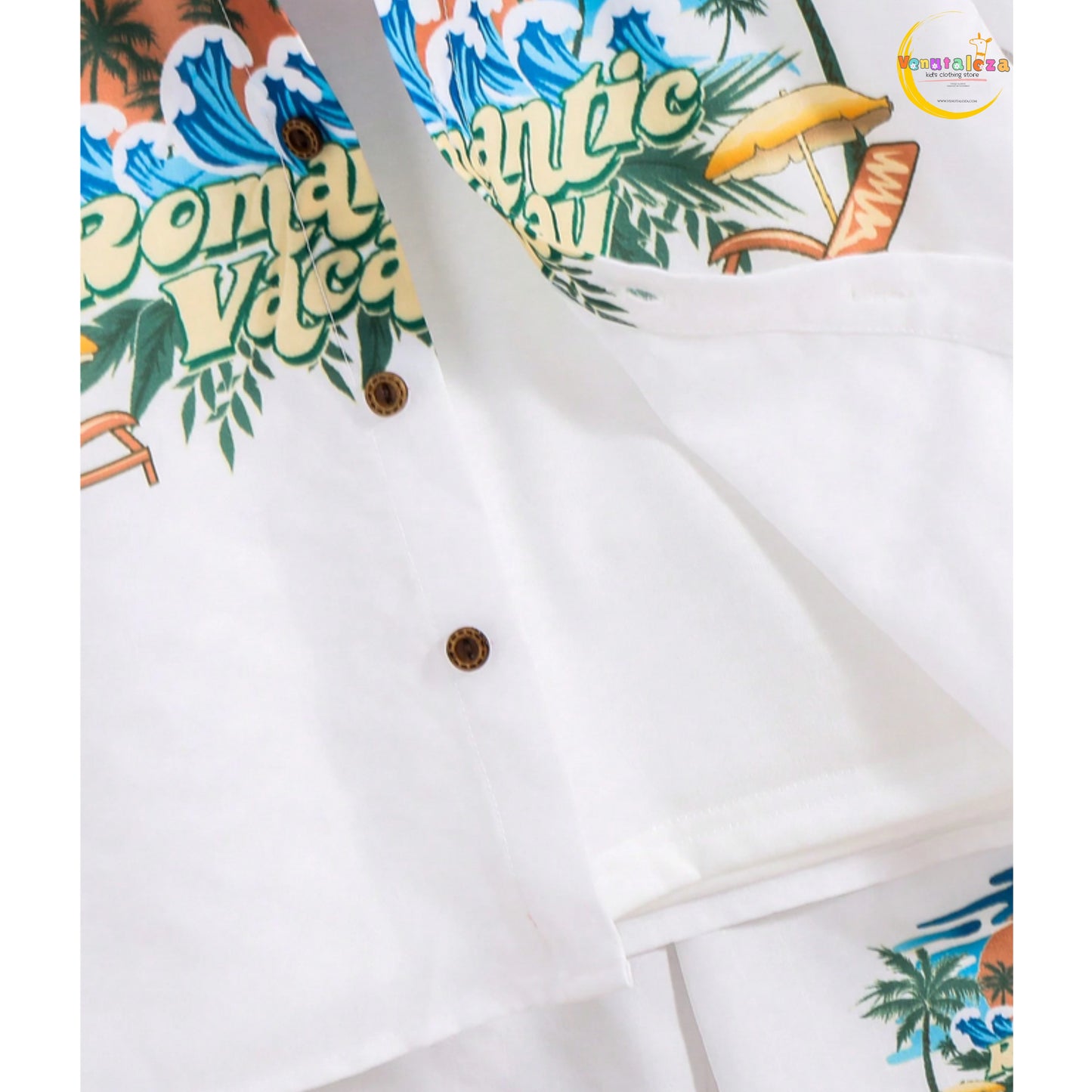 Venutaloza Tween Boy Coconut Palm Patched Detail Cotton Fabric Short Sleeve And Short For Vacation, School, Campus, College.