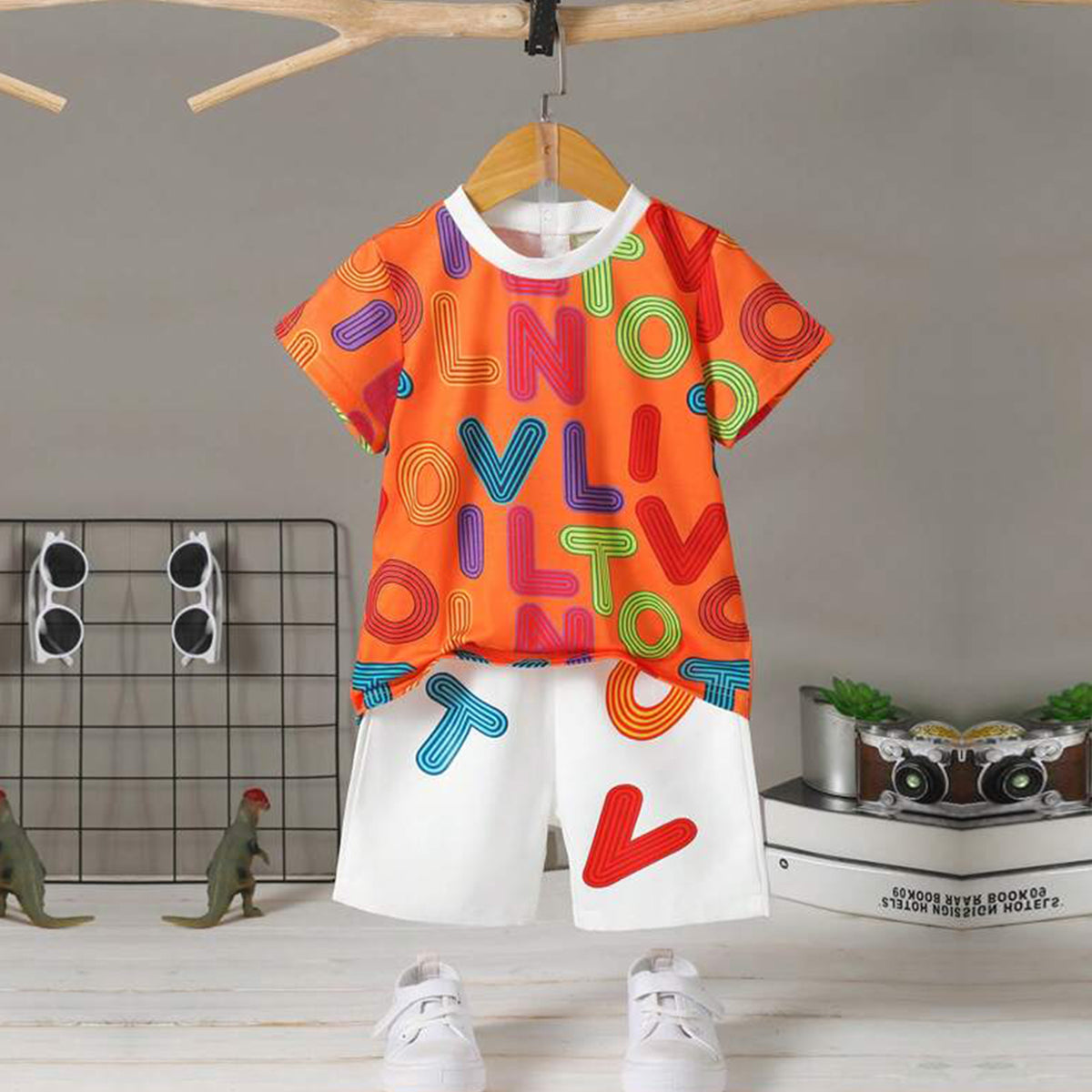 Venutaloza Kids Orange Letters Casual T-Shirt & Shorts Two Piece Set For Boys.