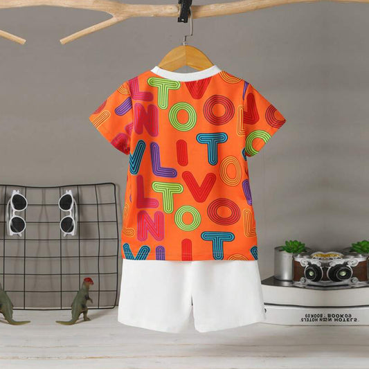 Venutaloza Kids Orange Letters Casual T-Shirt & Shorts Two Piece Set For Boys.