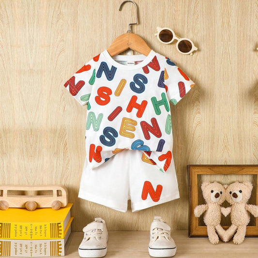 venutaloza Kids White Letters Casual T-Shirt & Shorts Two Piece Set For Boys.