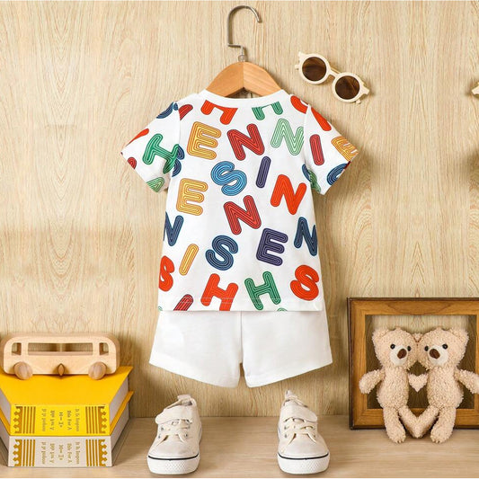 venutaloza Kids White Letters Casual T-Shirt & Shorts Two Piece Set For Boys.