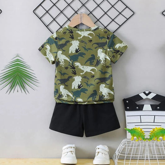 Venutaloza Kids Everyday Dinosaur Casual T-Shirt & Shorts Two Piece Set For Boys.