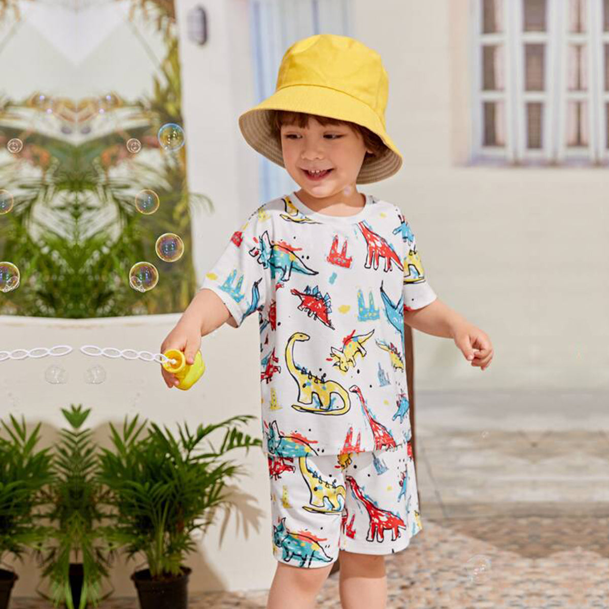 Venutaloza Kids Cartoon Dinosaur Letters Casual T-Shirt & Shorts Two Piece Set For Boys.