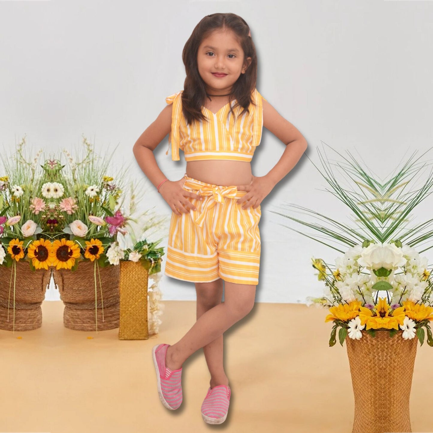 Crop Stylish Yellow Lining Top Sleeveless And Shorts For Baby Girls.