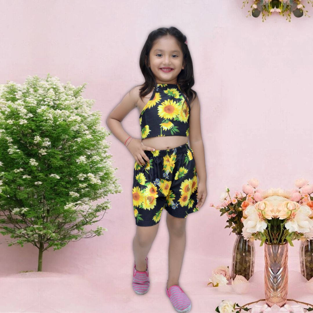 BabyGirl's Stylish Yellow Sun_Flower Design Top & Shorts For Kids.