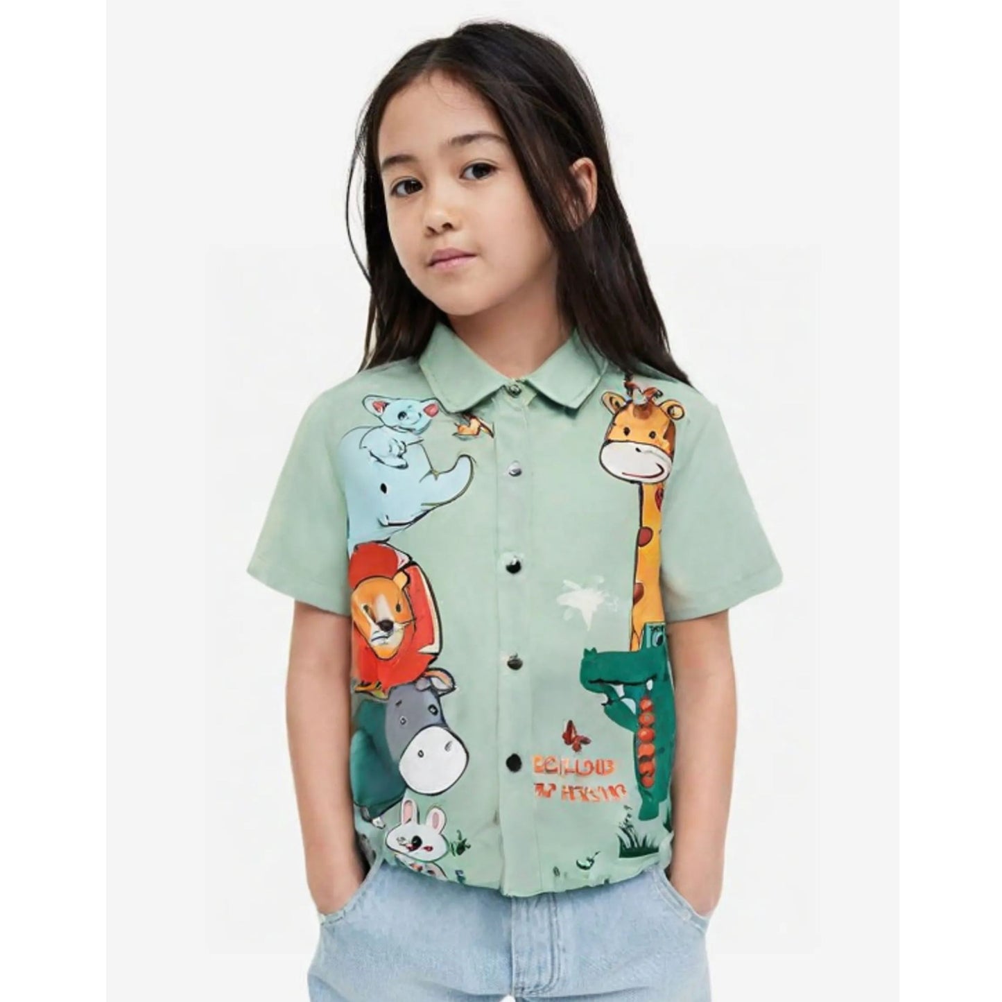 Venutaloza Animal's Turn Down Short Sleeve Shirt For Girls.