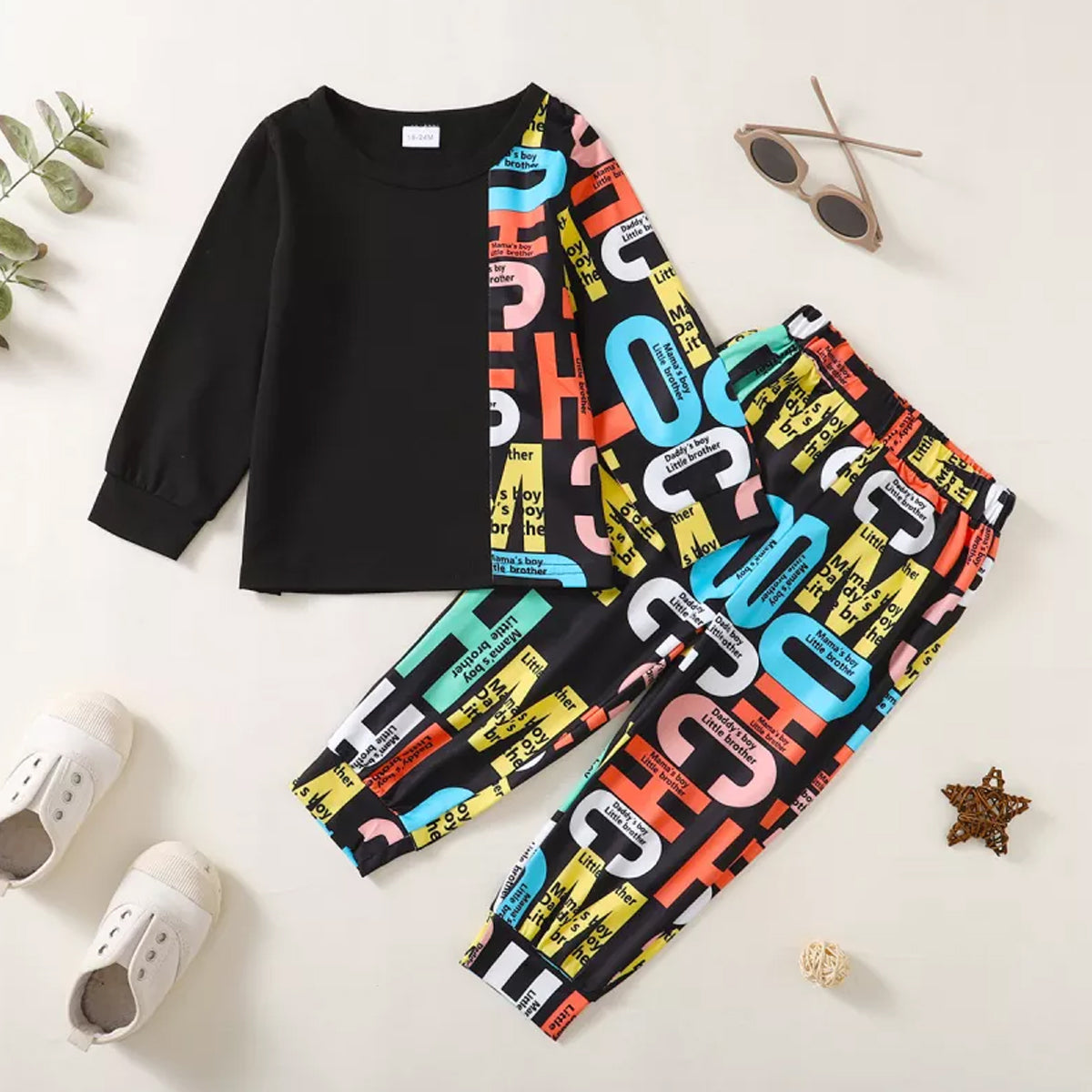 Venutaloza Boy's Alphabet Letter Patchwork Full Sleeve Set T_Shirt & Pent.