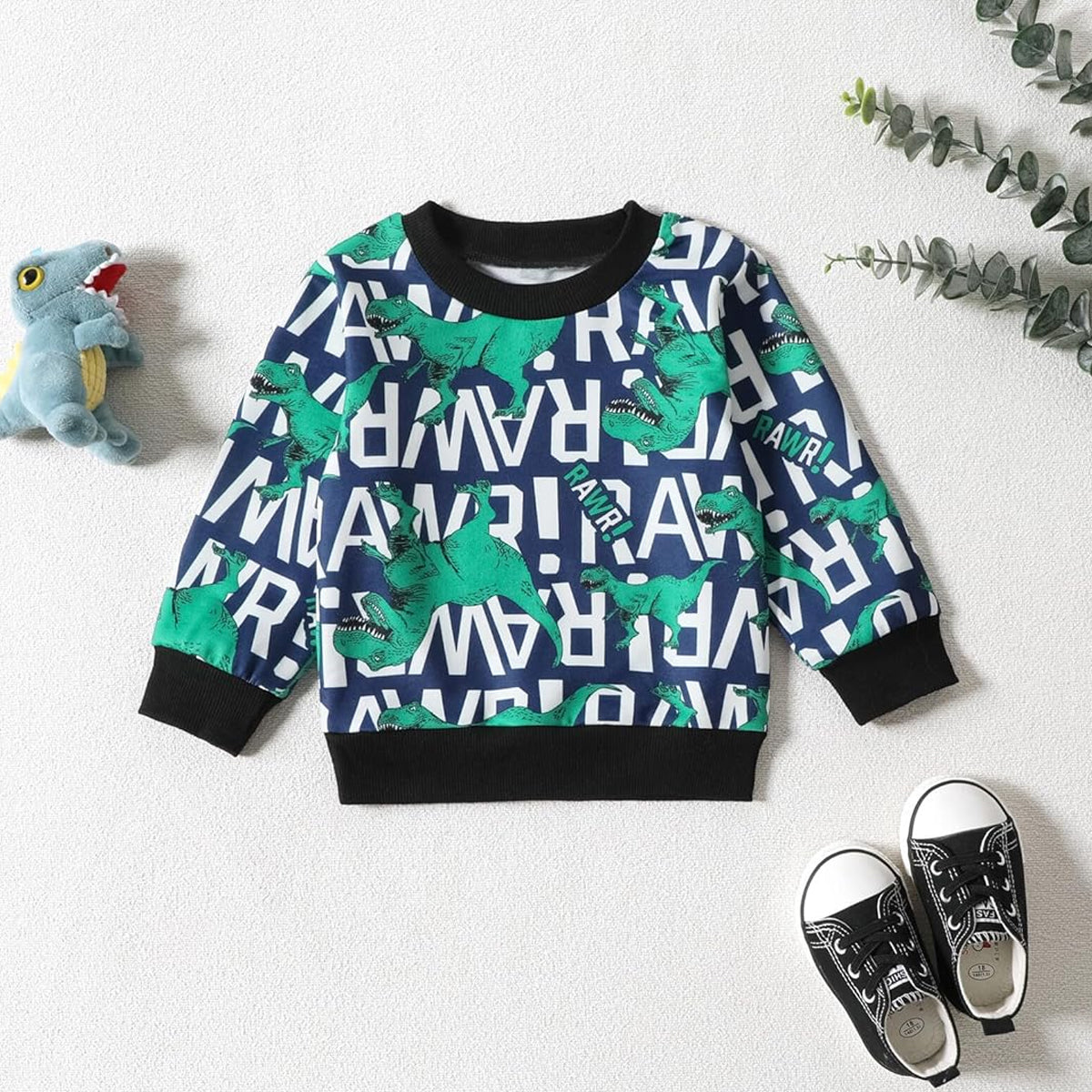 Venutaloza Boys Letter Dinosaur Print Graphic T-shirt & Pants Two Piece Set For Boys.