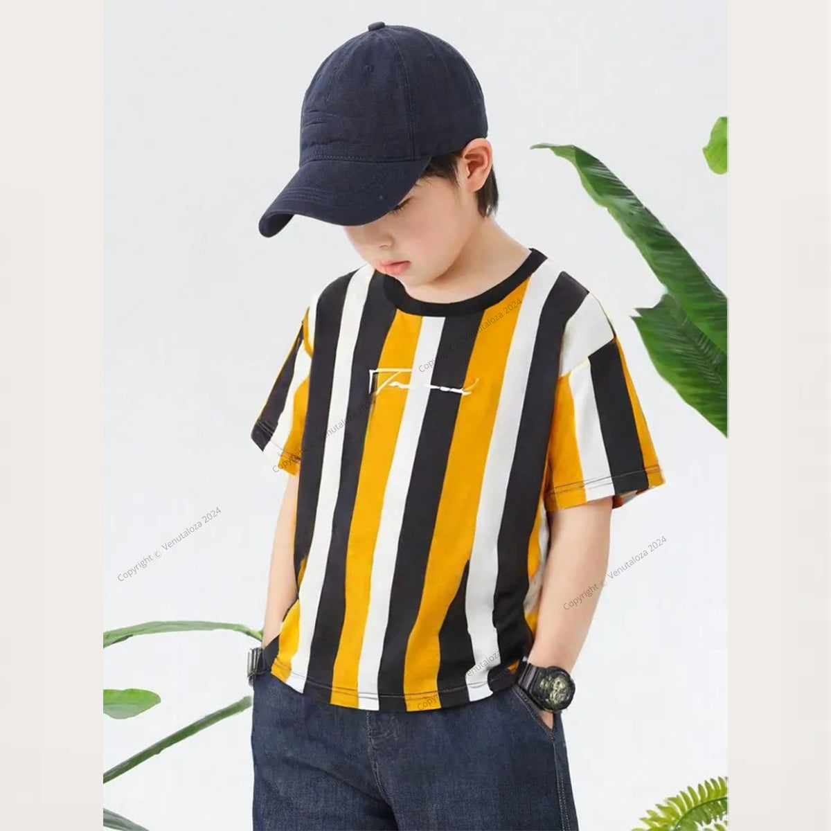 Venutaloza Stripe Color Block Round Neck T-Shirt For Boy's & Girl's.