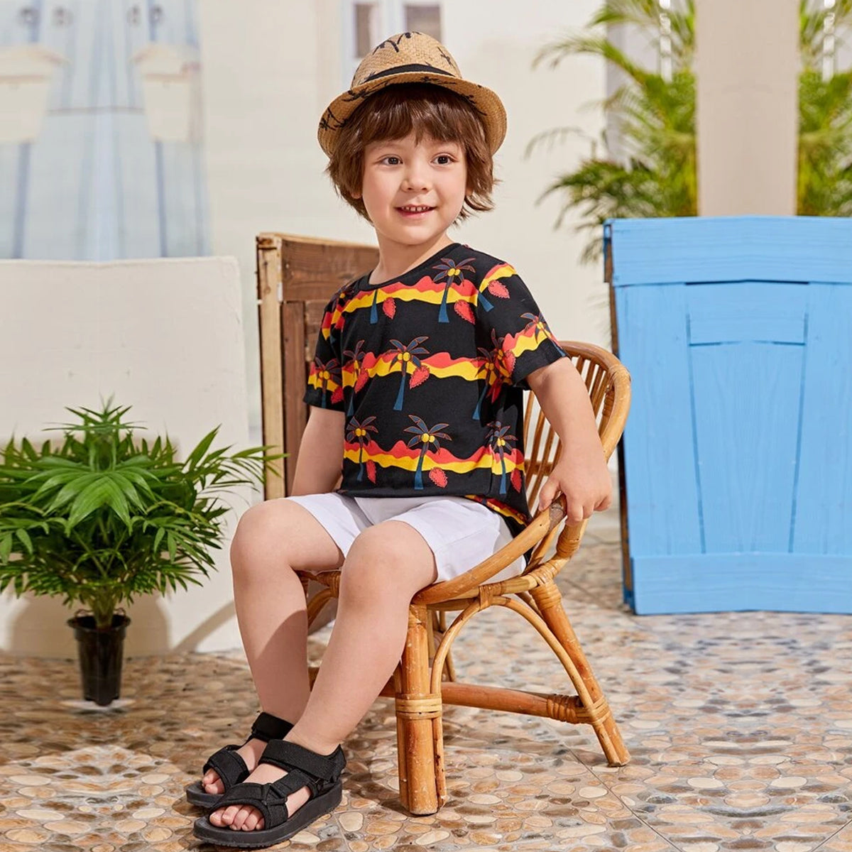 Venutaloza Cocount Tree Round Neck Stripe T-Shirt For Baby Girl's.