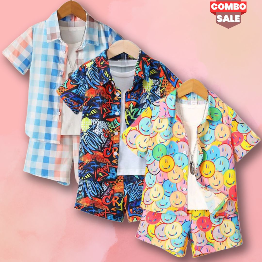 Venutaloza Baby Set Letters & Expression and Plaid Turn Down Collar (Combo Pack Of 3) Casual Printed Shirt & Shorts Without tee Two Piece Set For Boy & Girls.