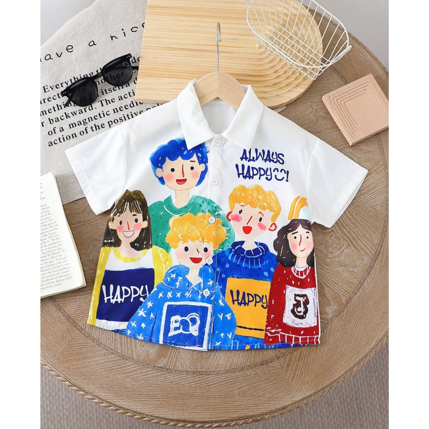 Venutaloza Cartoon Character Letter Print Short Sleeve Casual Shirt For Boy.